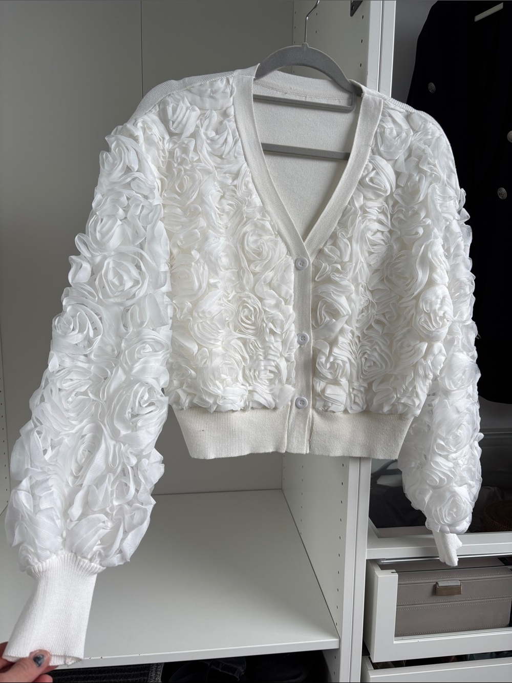 White Floral Appliqué V-Neck Cardigan Jacket
